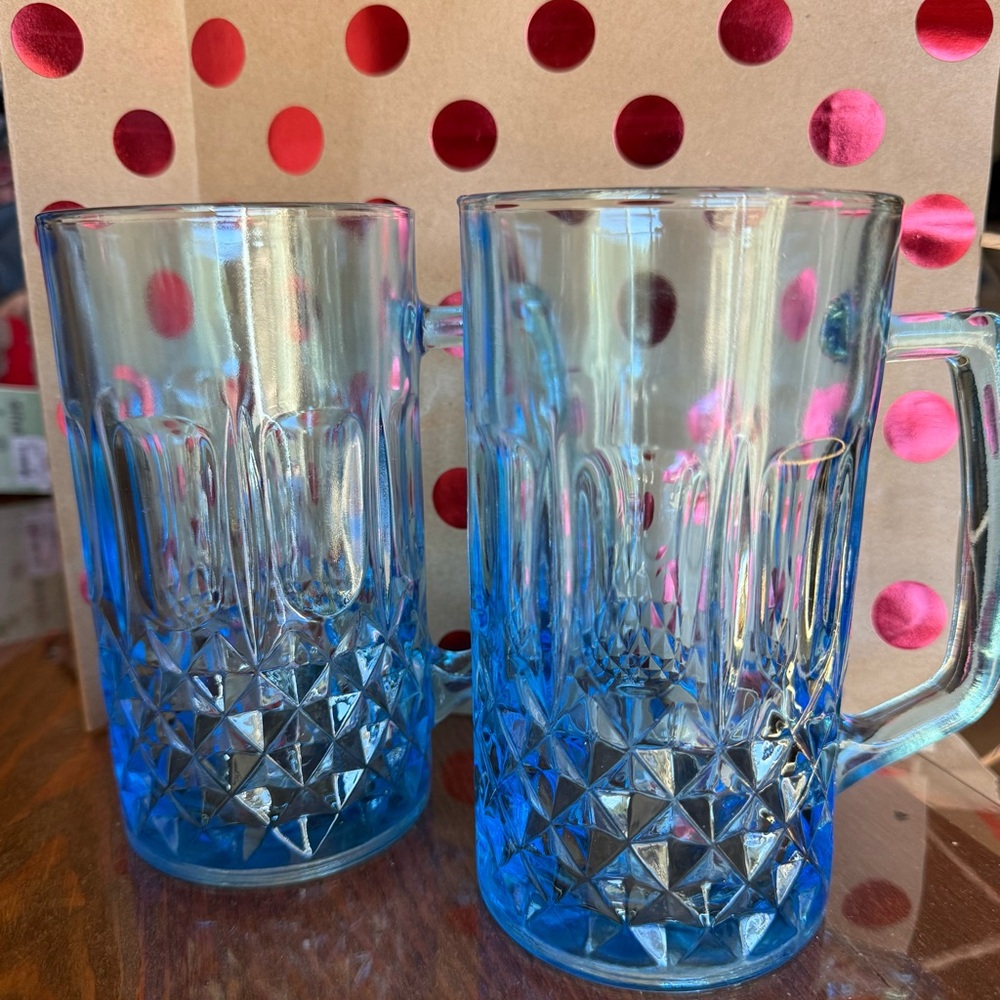 Vintage KIG Indonesia Laser Light Ice Blue Glass Beer Mug Diamond Pattern 